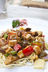 vegetarian food : spaghetti in tomatoes sauce with mushroom, tof