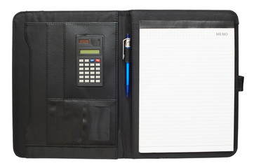 Black leather folder with notepad, pen and calculator