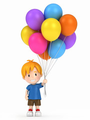 3d render of a kid holding balloons