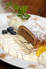 apple strudel with vanilla ice cream