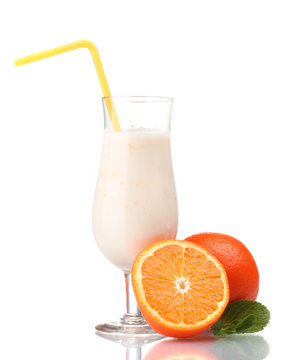 Bunch of bananas and milk cocktail isolated on white