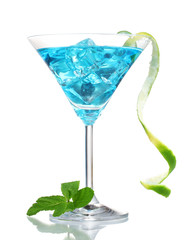 Blue cocktail in martini glasses with ice isolated on white