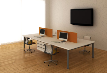 Interior office with system office desks and TV.
