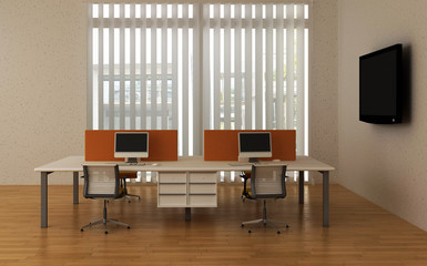 Interior office with system office desks and TV.