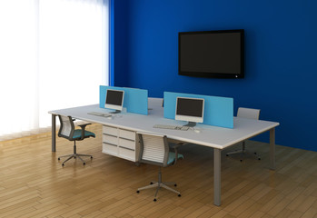 Interior office with system office desks and TV.