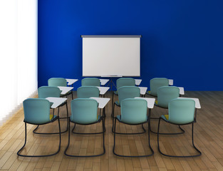 Interior of the training room with marker board and chairs.