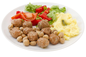 meatballs with mushrooms, mashed potato and salad