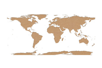 world map recycled paper on white background, Data source: NASA