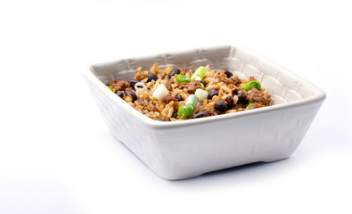 Costa Rican Black beans, rice, onion, and hamburger in square bo