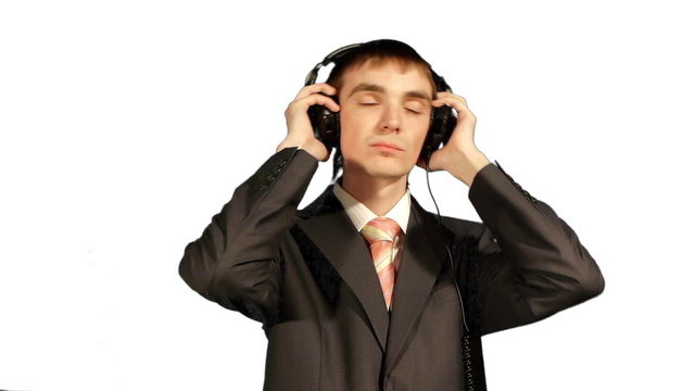 businessman listening music, over white background