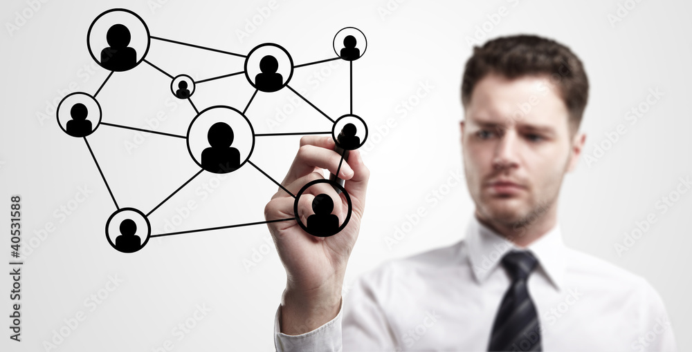 Poster man drawing a global network on a glass window