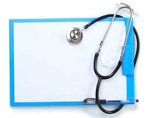 stethoscope and blue clipboard isolated on white