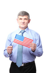 businessman with american flag isolated on white