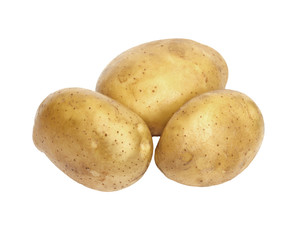 Three fresh and washed potatoes on white background