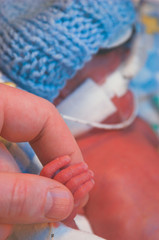 A premature baby holds his father's finger