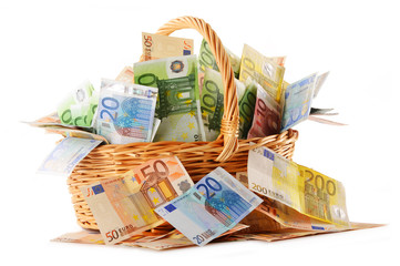 Composition with Euro banknotes in wicker basket