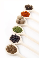 spices on wooden spoons