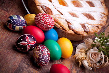 Easter Card With Pastiera And Colorful Eggs