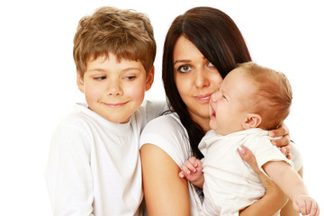 A mother with a son and a crying baby - on white background