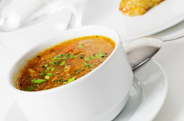 Fresh fish soup on white background