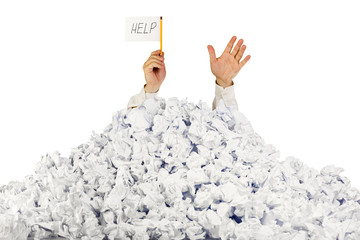 Person under crumpled pile of papers with hand holding a help si - obrazy, fototapety, plakaty