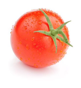 Single Juicy tomato with drops Isolated on white background