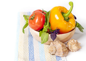 Tomato, pepper, red and green basil