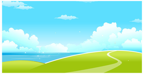 Green landscape with sea and blue sky