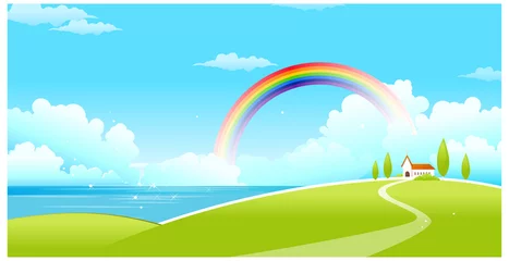 Poster Zeelandschap met een regenboog op de achtergrond © zzve