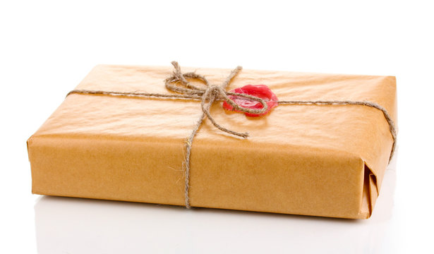 Parcel with sealing wax isolated on white