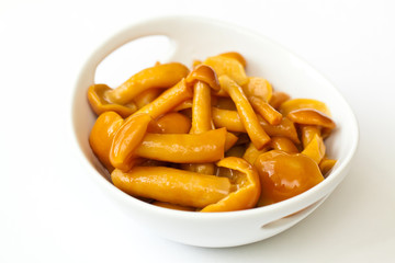 Pickled Mushrooms in white bowl