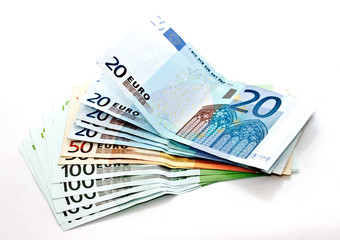 Euro banknotes on white background