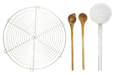 kitchen utensils,trivet, enamel Skimmer wooden spoons, isolate