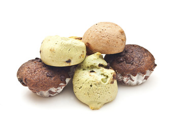 Cakes in different flavor on white background