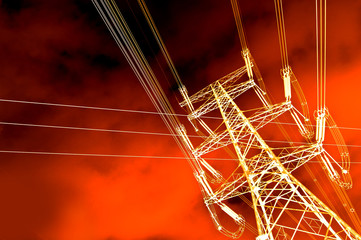 Pylone électrique, ciel orange