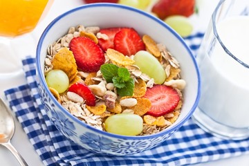 Breakfast with strawberry muesli and orange juice