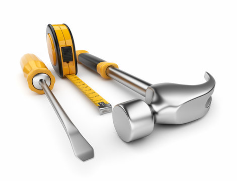 Hammer, screwdriver, tape measure 3d. Construction tools isolate