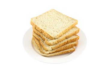 Pile of wheat slice bread dish on white background.