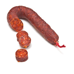 Chorizo De Pueblo sausage isolated on a white studio background.