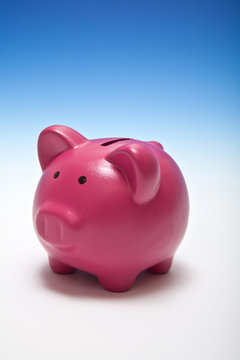 Piggy bank or money box on a graduated blue studio background.