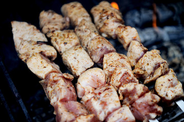 Juicy slices of meat with spices cooking on fire