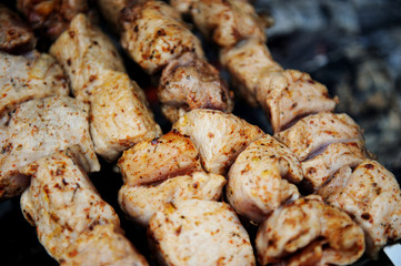Juicy slices of meat with spices cooking on fire