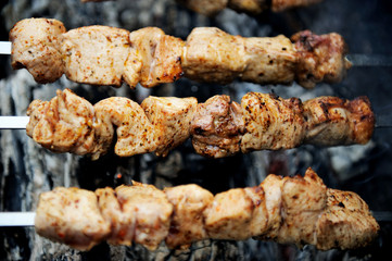Juicy slices of meat with spices cooking on fire