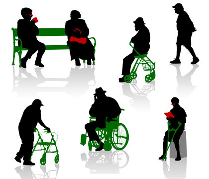Silhouette of old and disabled people.