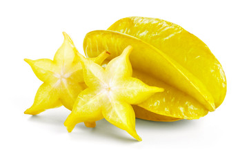 Starfruit with slices isolated on white