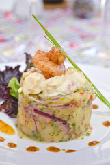 Potato Salad Garnished with Shrimps