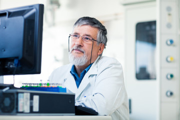 Senior researche using a computer in the lab