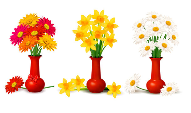 Spring colorful flowers in vases. Vvector