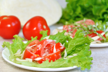 Tomatoes with mayonnaise on lettuce leaf