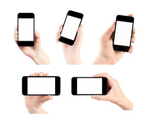 Obraz na płótnie Canvas Zestaw Telefony inteligentny telefon z pustego ekranu w ręku izolowane